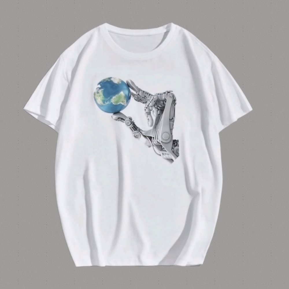 Men's White Crew Neck Tee Robot Hand Holding the World